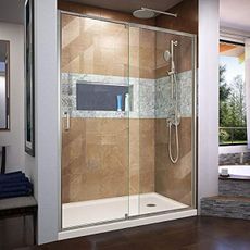 DreamLine Flex 32 in. D x 60 in. W x 74 3/4 in. H Semi-Frameless Shower Door in Brushed Nickel with Right Drain Biscuit Base Kit, DL-6223R-22-04