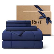 Rest® Evercool®+ Cooling Comforter Set, King, Midnight Blue, 4pcs with Cooling Blanket, Wrinkle-Free Deep Pocket Fitted Sheet, 2 Silver-Infused Pillowcases for Skin and Hair Bed Set, for Ultra Comfort