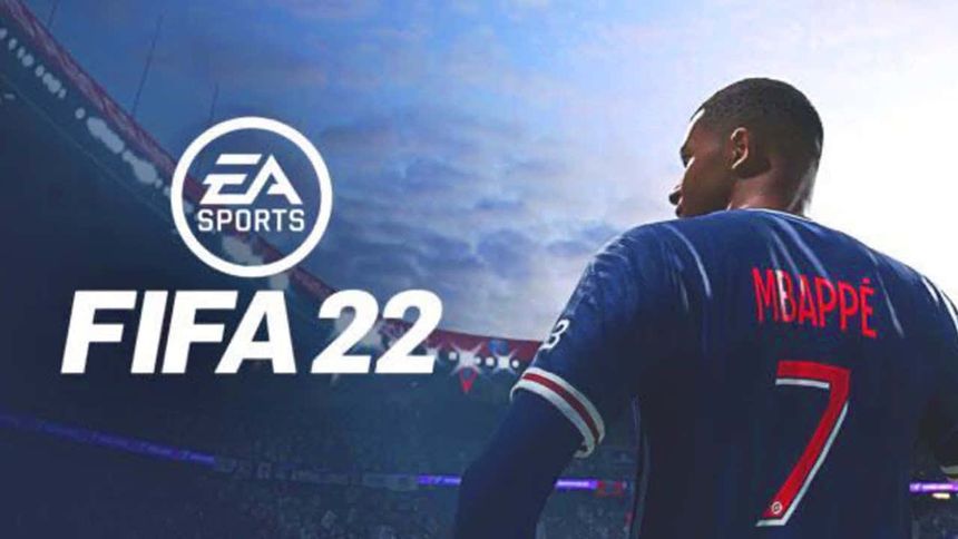 Football player Mbappe in blue jersey on stadium field with FIFA 22 game logo. — Fifa 22 Wallpaper