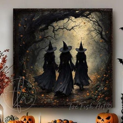 Vintage Witches Halloween Sign – Rustic Farmhouse Wall Decor, Creepy Forest, Fall Mantel Art, Autumn Mantel Holiday Art Canvas Print