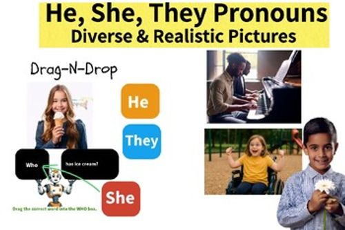 Preview of He, She, They Pronouns Boom Cards™ | Realistic Pictures FUN Drag-and-Drop