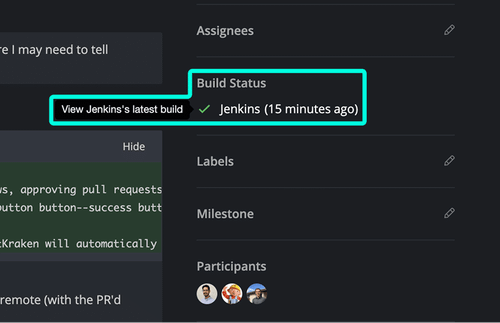 Build status section showing a successful Jenkins check completed 15 minutes ago with tooltip 'View Jenkins's latest build'