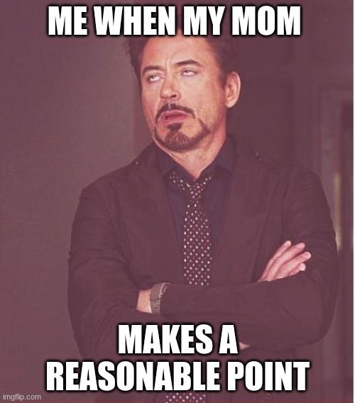 a meme | ME WHEN MY MOM; MAKES A REASONABLE POINT | image tagged in memes,face you make robert downey jr | made w/ Imgflip meme maker