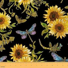 Feelyou Sunflower Fabric by The Yard 1 Yard Dragonfly Decorative Waterproof Outdoor Fabric Flower Floral Print Upholstery Fabric for Chairs Rustic Country Farmhouse DIY Reupholstery Fabric