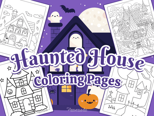 Free printable simple, cute, and realistic haunted house coloring pages for kids and adults