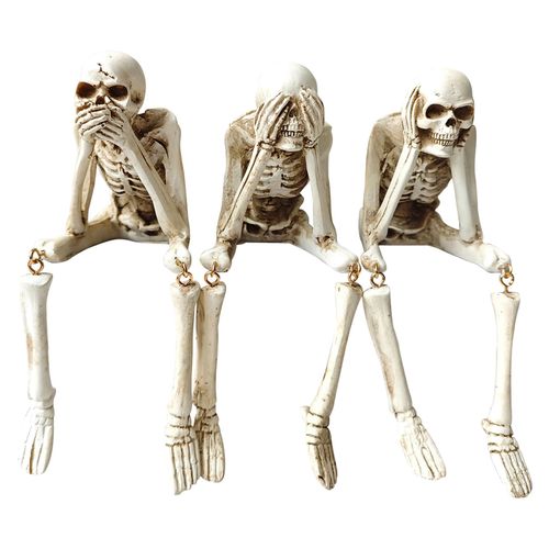 Halloween Skeleton Statues Set of 3 – See No Evil, Hear No Evil, Speak No Evil, Resin Skull Figurines for Gothic Home Deco...
