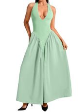 ChiaoLezhee Deep V Neck Dress Halter Maxi Dresses Vacation Date Night Sexy for Women Corset Flowy Wedding Guest Drop Waist Bridesmaid A Line Pastel Backless Semi Formal Light Sage Mint Green Large