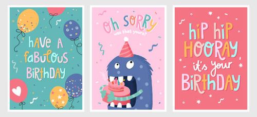 Set of birthday postcards with confetti, balloons, a funny monster and hand writing. Invitations, happy birthday. Vector templates great for card, poster, flyer or banner Set of birthday postcards with confetti, balloons, a funny monster and hand writing. Invitations, happy birthday. Vector templates great for card, poster, flyer or banner birthday-card stock illustrations