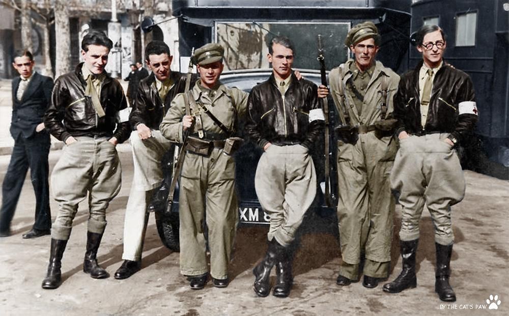 Spanish Civil War, a Republican group of volunteer British ambulance drivers in Barcelona 1937 ...