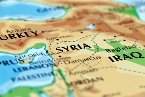 world map of middle east countries, turkey, iraq, syria, kuwait, bagdad, kirkuk, damascus in close up