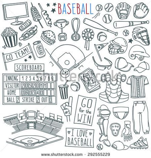 hand drawn doodle style baseball related items on white background with text and clippings