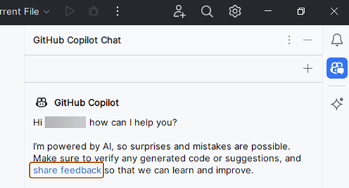 Screenshot of the share feedback link in the Copilot Chat window.