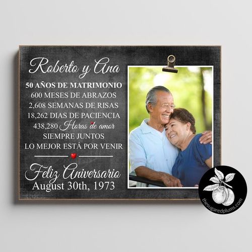 Personalized 50th Spanish Anniversary Gifts For Parents, Picture Frame, Golden Anniversary, Feliz Aniversario, The Sugared Plums