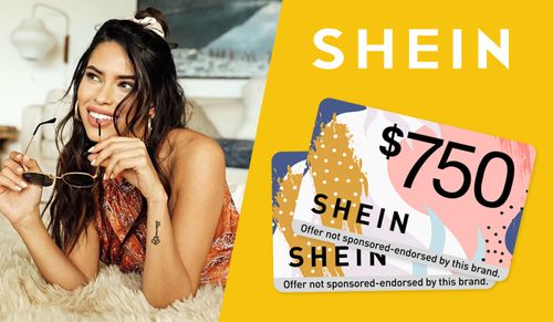 Woman happily shopping online with Shein gift card and free shipping offer