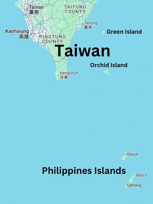 A map showing the southern tip of Taiwan and some small Philippines islands to the south of it