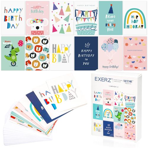 EXERZ Children Birthday Cards 24 Multipack Assorted -12 Designs x 2 - Happy Birthday Cards Kids, Boys and Girls
