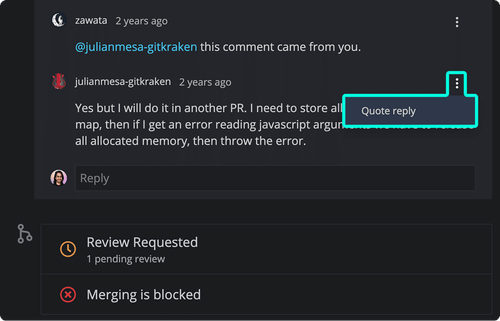 Highlighted UI option for quoting a reply in a pull request comment thread, with 'Merging is blocked' status below
