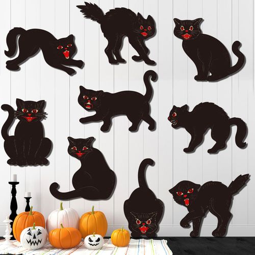 Chrisfall 9 Pieces Halloween Cutout Black Cat Silhouette Vintage Cardboard Cutouts Scary Door Wall Window Decor for Hallow...