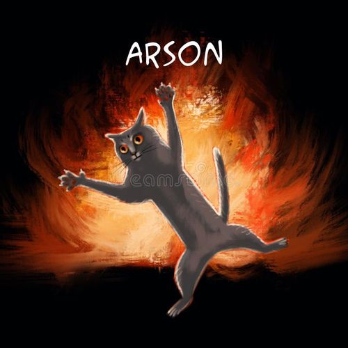 Cat in fire meme. Hell art illustration. Greeting card. Hand drwaw illustration, funny design. Fire meme illustrations
