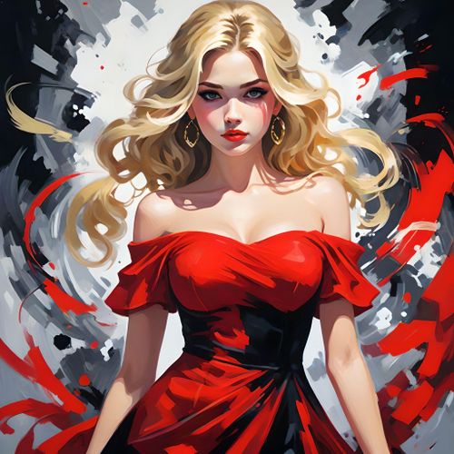 一个迷幻风格的女孩，卷发，红色裙子