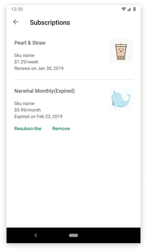 subscriptions section in the google play store app showing a
            cancelled and expired subscription with resubscribe and remove
            buttons
