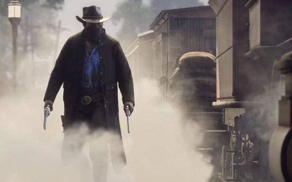 HD desktop wallpaper featuring Arthur Morgan from the video game Red Dead Redemption 2, walking through smoke with a train and buildings in the background.