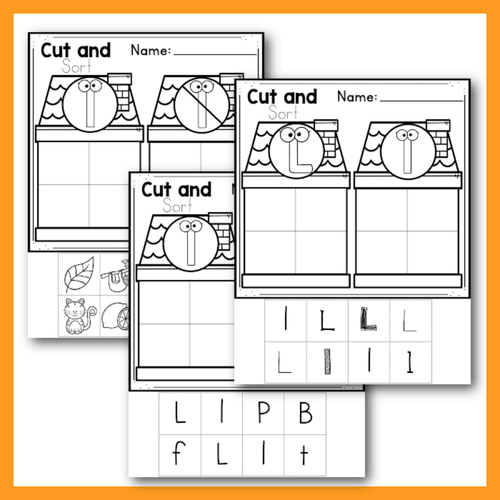 free printable alphabet sorting pages: uppercase/lowercase, l/not l, beginning sounds picture sort