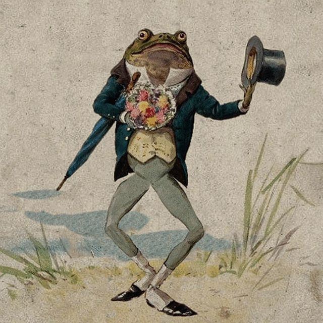 a frog dressed as a gentleman with a top hat and cane, holding a flower in his hand