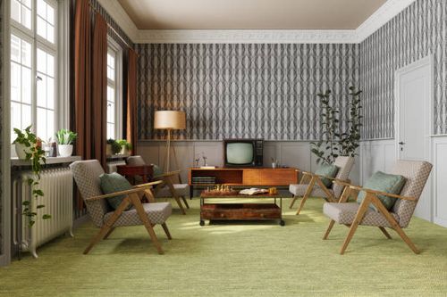 retro living room with armchairs, vintage television, coffee table and floor lamp - 1970s living room stock pictures, royalty-free photos & images