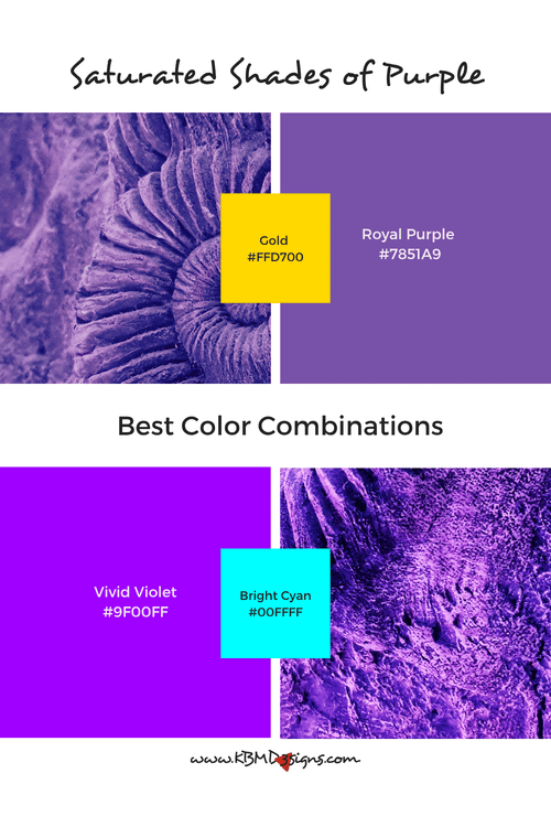Saturated purple color combinations: Royal Purple (#7851A9) & Gold (#FFD700); Vivid Violet (#9F00FF) & Bright Cyan (#00FFFF).