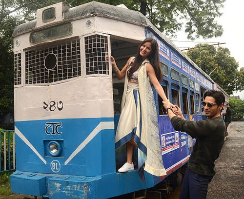 Bollywood actors Sidharth Malhotra and Katrina Kaif take a tram ride during the promotion of upcoming movie "Baar Baar Dekho" on August 31, 2016 in...