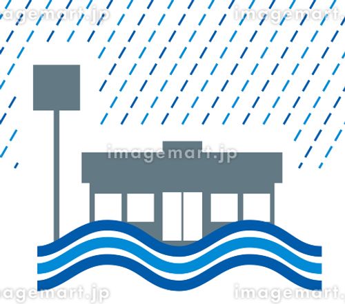 店舗、コンビニエンスストアの洪水、豪雨水害のイラスト　アイコン　シルエット　損害保険自然災害イメージ ストローク,シンボル,サインのイラスト素材