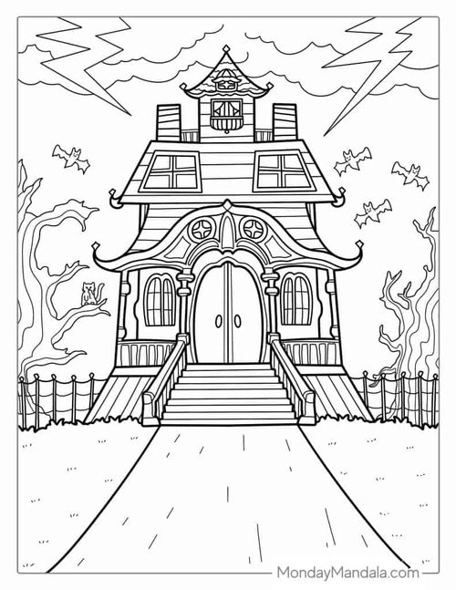 Detailed Haunted House Coloring Page For Kids