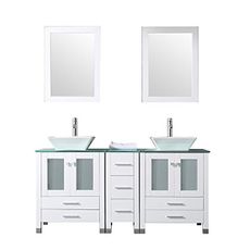 wonline BATHJOY 60" White Double Wood Bathroom Vanity Cabinet and Square Ceramic Vessel Sink w/Mirror Faucet Combo