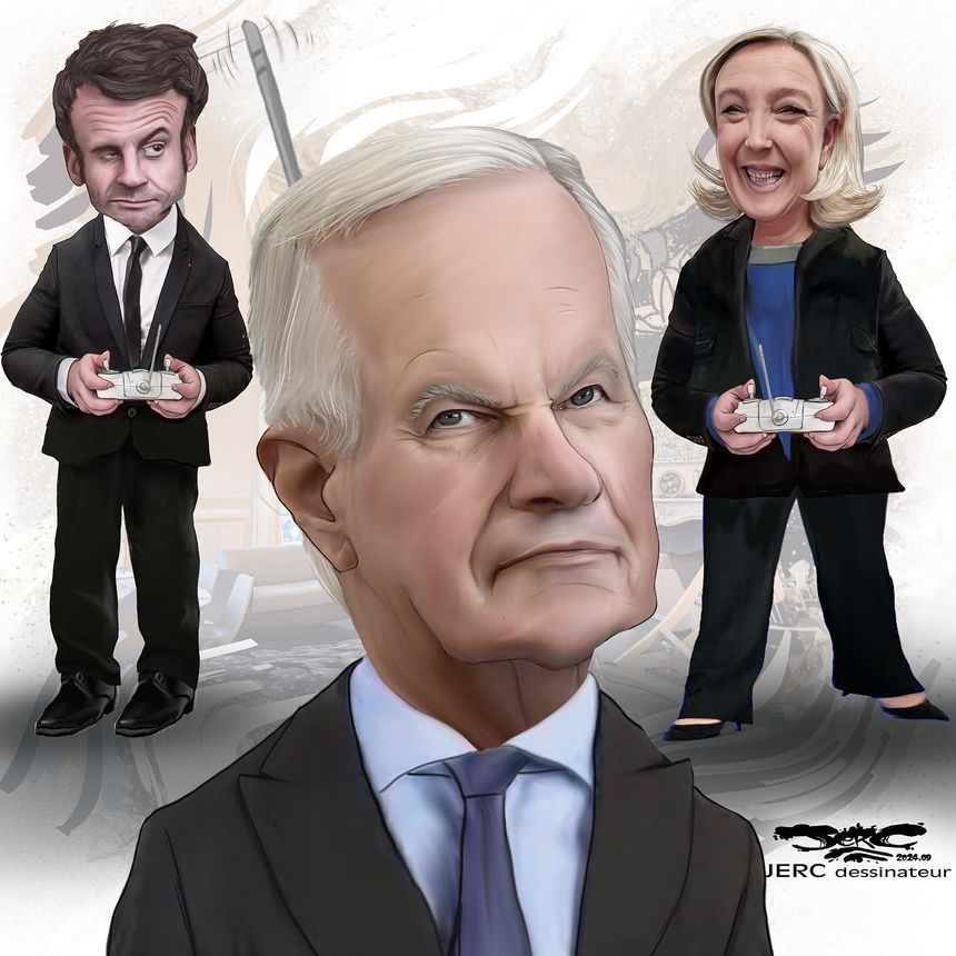 jerc caricature emmanuel macron marine lepen barnier sous controle st 2024 09 16 le poing