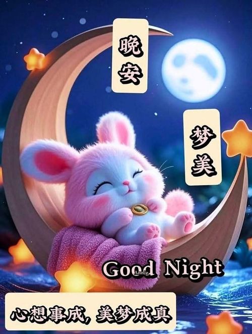 a pink bunny sitting on top of a crescent with stars around it and the words good night written in chinese