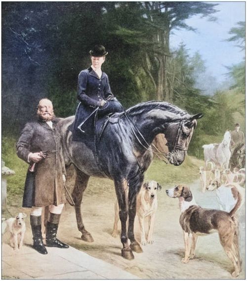 antique photo of paintings: earl and countess of harrington - fox hunting painting stock illustrations