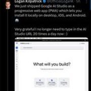 r/Bard - “我们刚刚把 Google AI Studio 作为 PWA 发布了，这让你可以在桌面、iOS 和安卓上本地安装它” - @OfficialLoganK