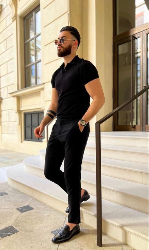All Black Outfit For Work Men, Styling Black Loafers, Black Semi Formal Outfit Men, Black Chinos Men Outfits, Mens All Black Outfit, Men’s All Black Outfit Casual, Men’s All Black Dress Outfit, Black And White Outfit For Men, Black Wedding Guest Outfits